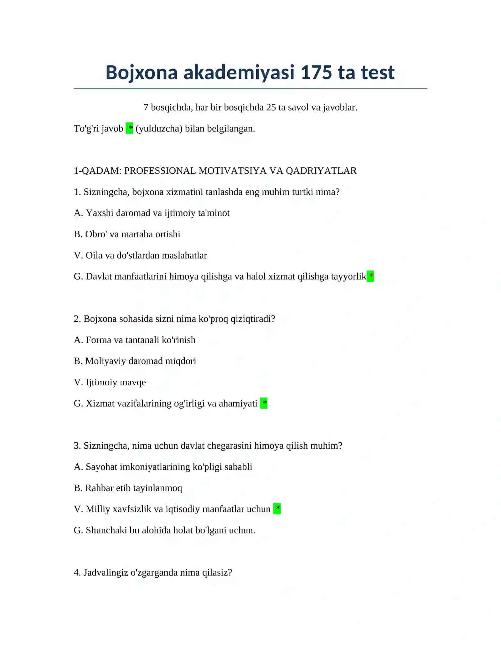 Bojxona akademiyasi 175 ta test 2