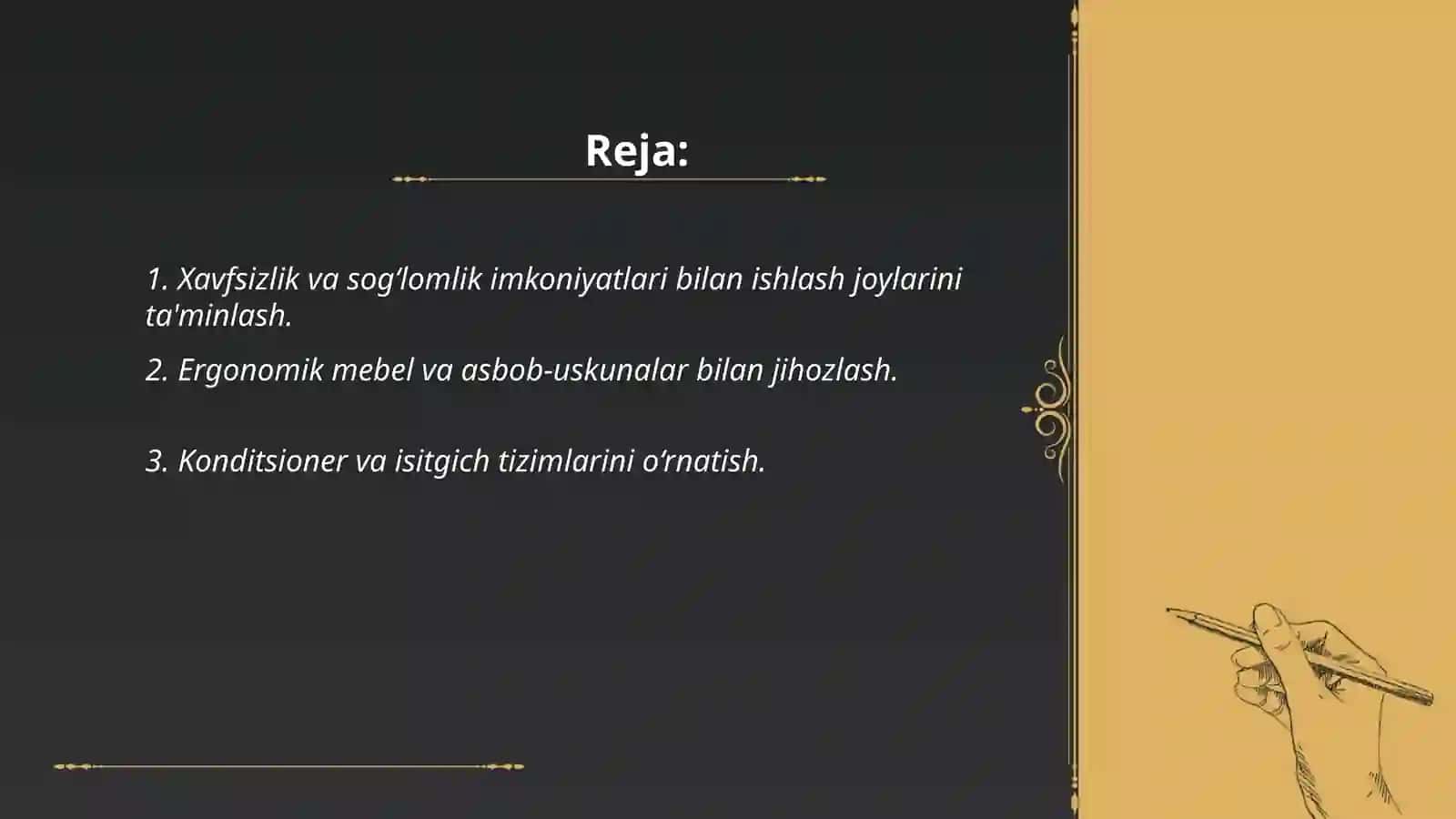 Toʻgʻridan toʻgʻri ishlab chiqarishda ham, yordamchi boʻlimlarda ham ishlaydigan xodimlar uchun qanday qulay sharoitlar yaratish mumkin 2