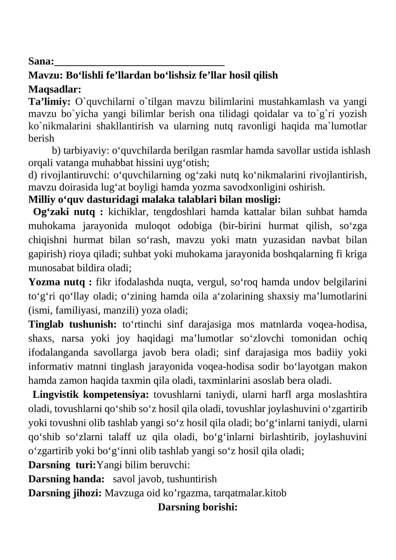 Bo‘lishli fe’llardan bo‘lishsiz fe’llar hosil qilish mavzusidagi  4-sinf Ona tili  fanidan dars ishlanmasi 2