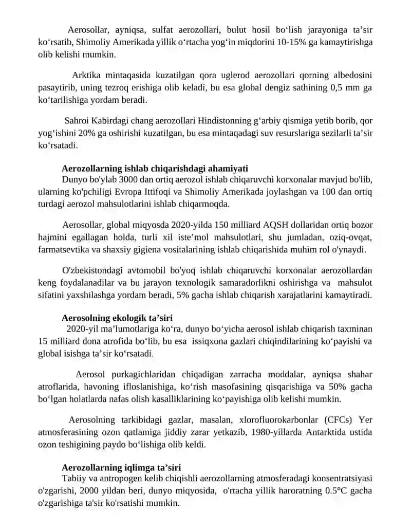 Aerozollarning ekologiyagatasiri va uni ishlab chikarishdagi ahamiyati 2