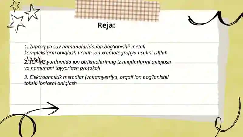 Tuproq va suvning ifloslanishida ion bogʻlanishli birikmalarni aniqlash ulardan tozalash usulini ishlab chiqish 2