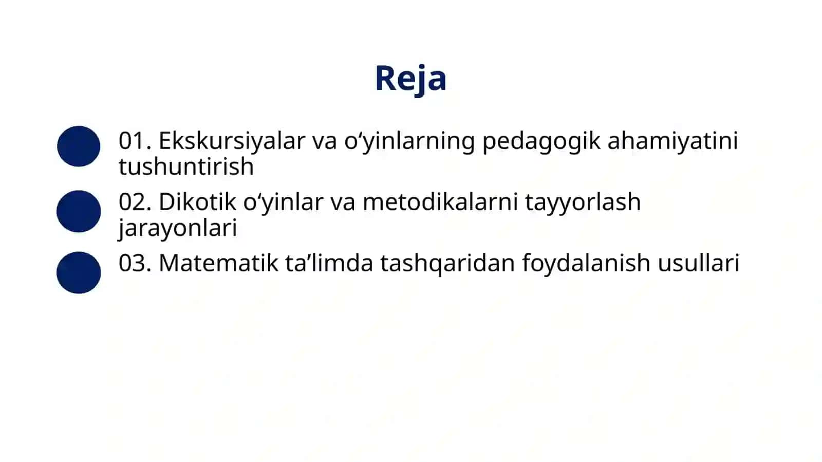 MATEMATIKADAN EKSKURSIYALAR, ERTALIKLAR, O‘YINLARNI TAYYORLASH VA O‘TKAZISH METODIKASI. SINFDAN TASHQARI MASHG‘ULOTLARDA DIDAKTIK O‘YINLARNING AHAMIYATI, MAZMUNI ULARDAN FOYDALANISH USULLARI 2