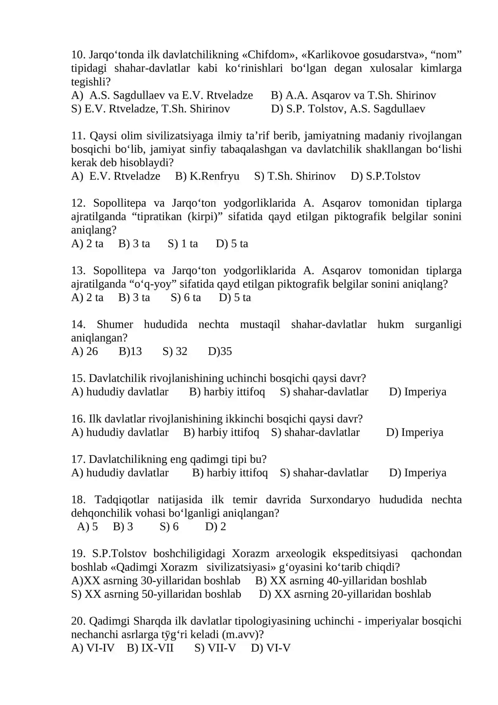 OKS SIVILIZATSIYASI FANIDAN S-T-4-KURSLAR TARIX TA ‘LIM YO ‘NALISHI TALABALARI UCHUN JORIY NAZORAT TESTI I VARIANT 2