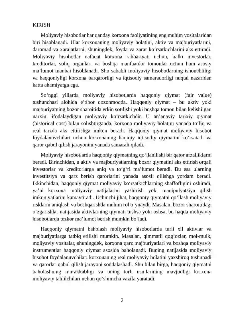 Haqqoniy qiymatni baholashning moliyaviy hisobotdagi orni 2