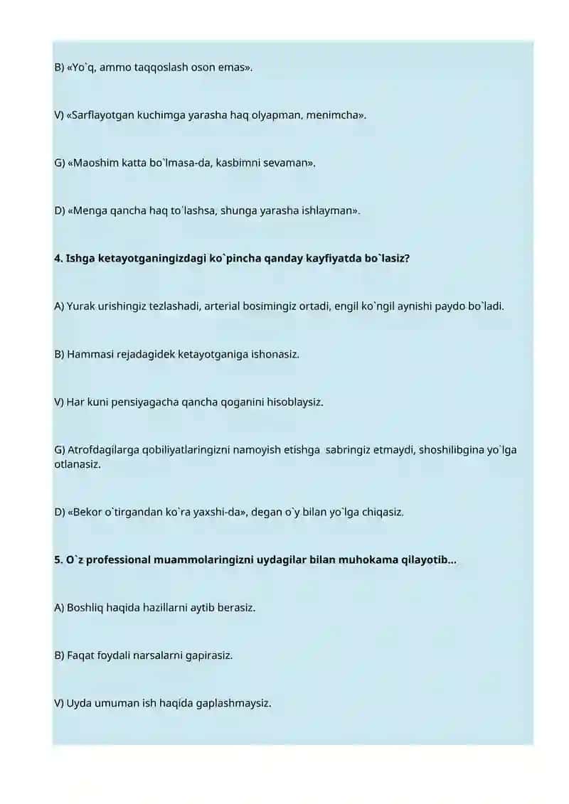 KASBINGIZ O`ZINGIZGA MUNOSIBMI? (PSIXOLOGIK TEST) 2