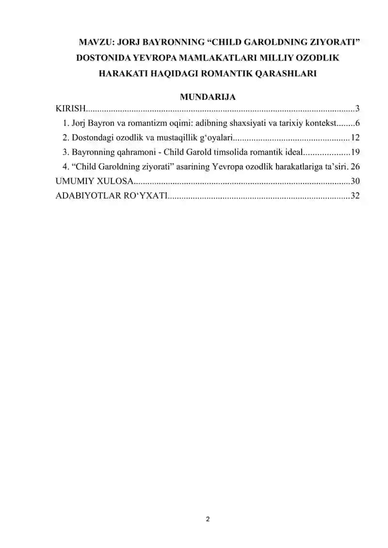 JORJ BAYRONNING “CHILD GAROLDNING ZIYORATI” DOSTONIDA YEVROPA MAMLAKATLARI MILLIY OZODLIK HARAKATI HAQIDAGI ROMANTIK QARASHLARI 2