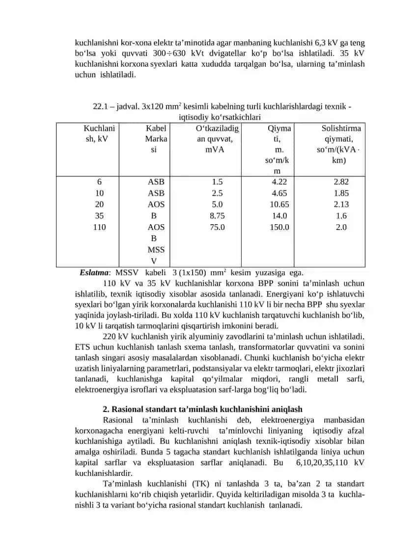 PODSTANSIYALAR VA ELEKTR TARMOQLARINING NOMINAL KUCHLANISHINI TANLASH 2