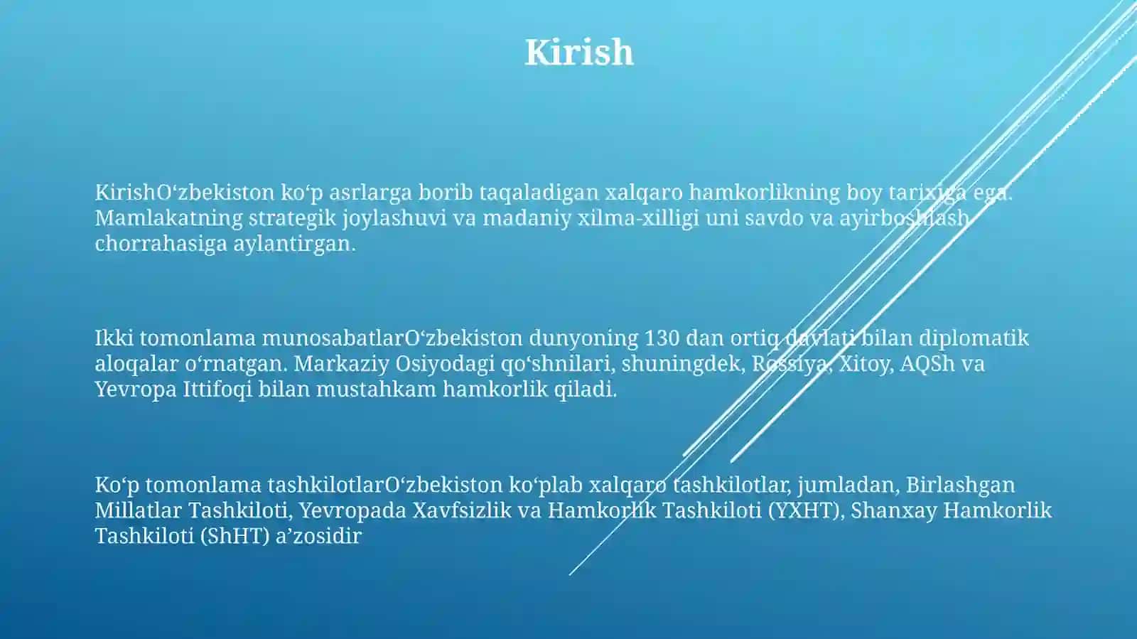 O‘zbekistonning Xalqaro Hamkorlik Aloqalari 2