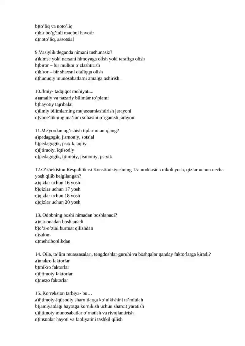 Bolalarning ijtimoiy moslashuv fanidan test savollari 2