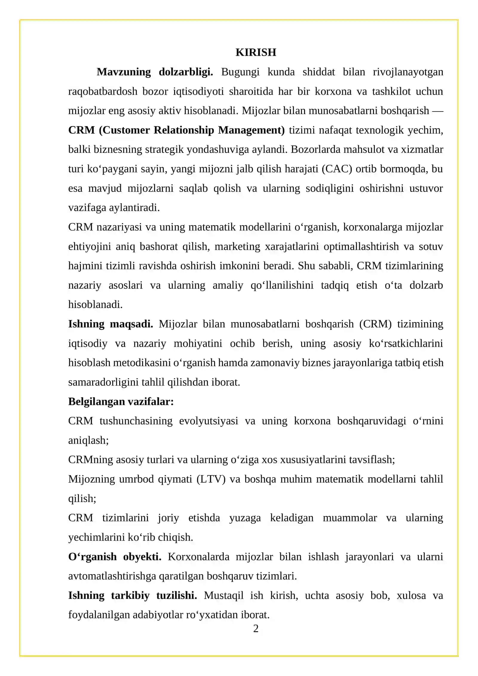 “Mat va qimmatbaxo qollab quvvatlash (CRM) teoremasi” 2