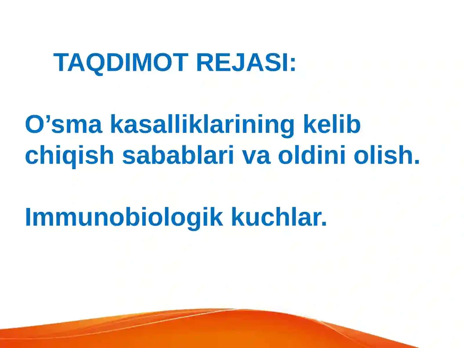 Immunopatalogiya, o’sma hujayralarini kelib chiqishidagiahamyati. Immunotanqisliklarda opportunistik infeksiyalar boshqarilishining molekulyar mehanizimi 2