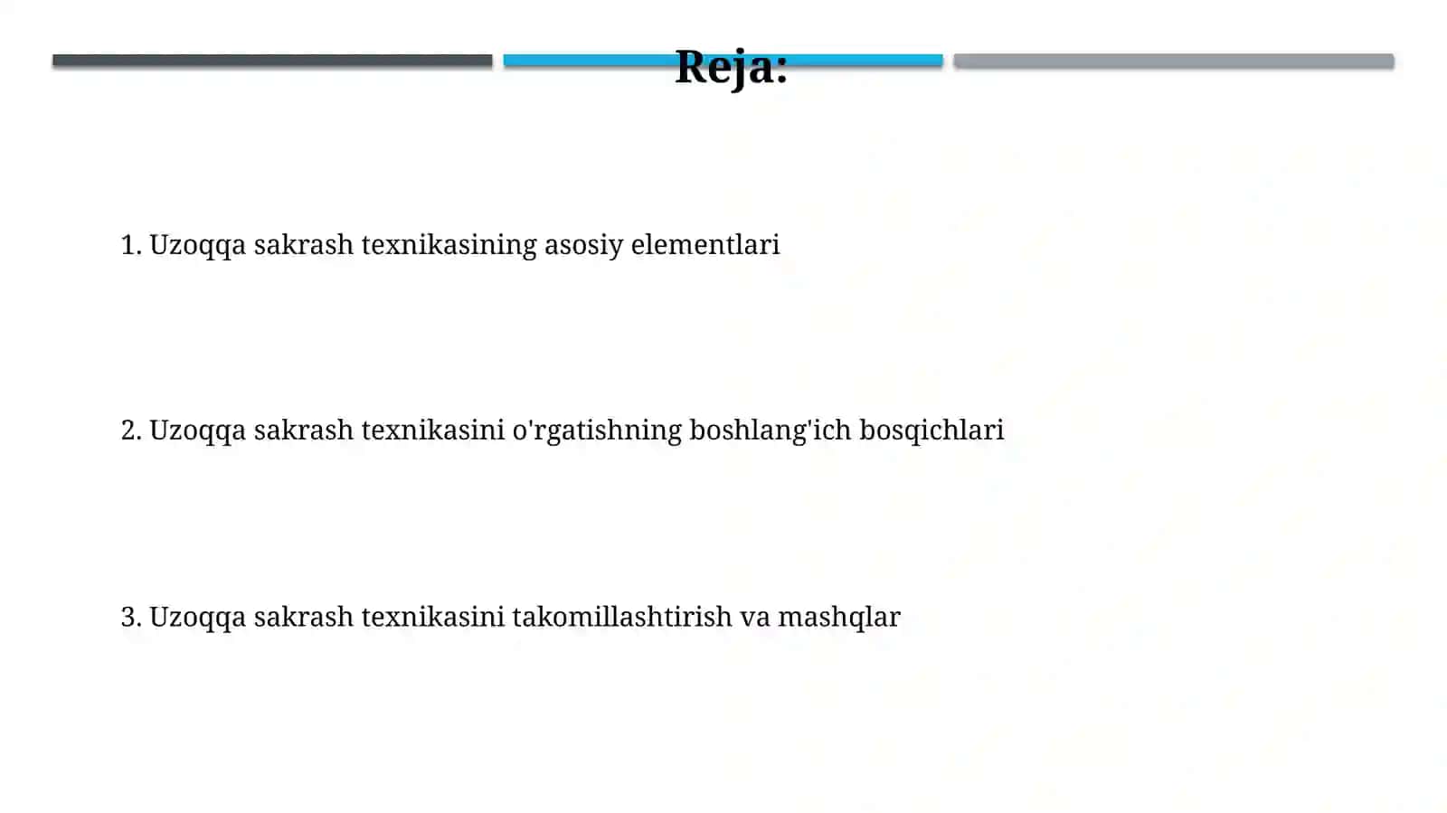 Yengil atletika: yugurib kelib uzunlikka sakrash texnikasini o'rgatish 2