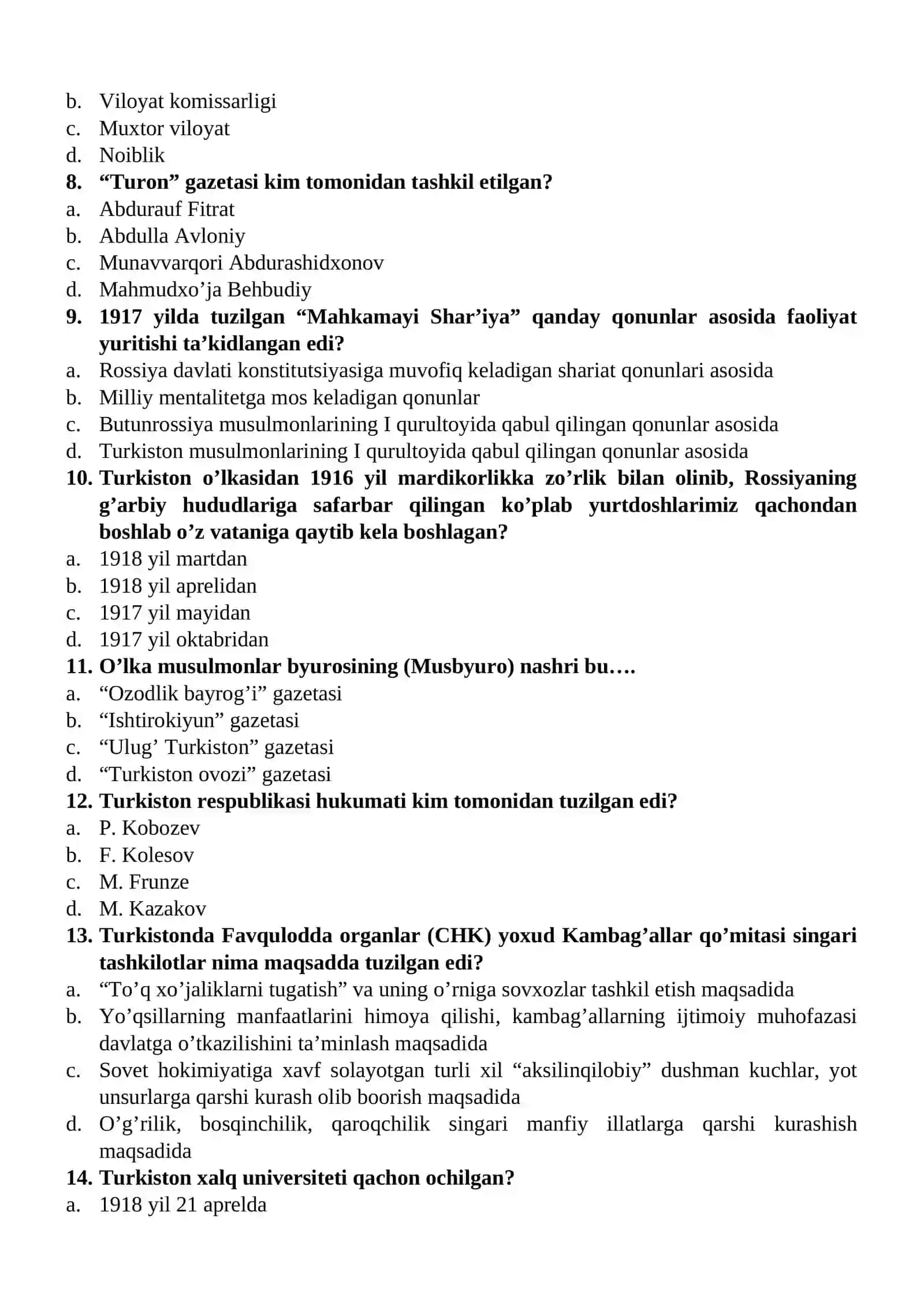 O’zbekiston tarixi fanidan yakuniy davlat attestatsiyasi uchun test savollari to’plami: 1 qism 2