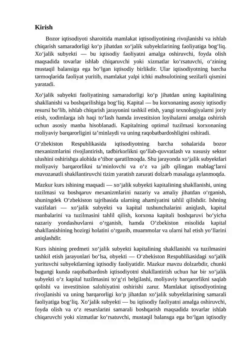 Biznes jarayonida xo’jalik subyekti va uning kapitalining tashkil topish strukturasi 2