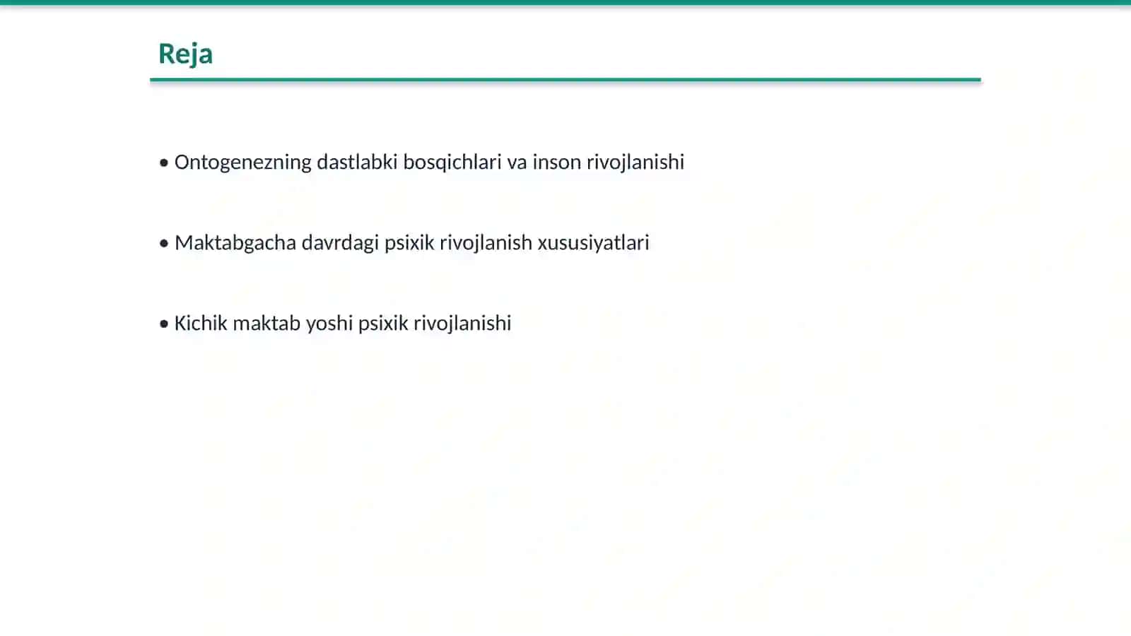 Ontogenezning ilk bosqichlarida insonning rivojlanishiga xos xususiyatlari.Maktabgacha davrda va kichik maktab yoshi davrida psixik rivojlanish xususiyatlari 2