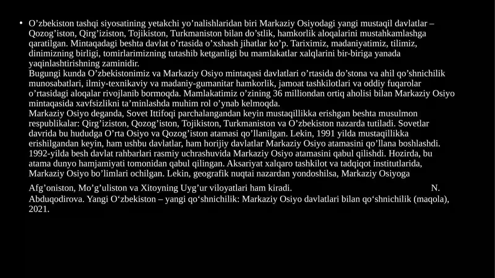 O‘ZBEKISTONNING MARKAZIY OSIYO DAVLATLARI BILANO‘ZARO HAMKORLIGI 2