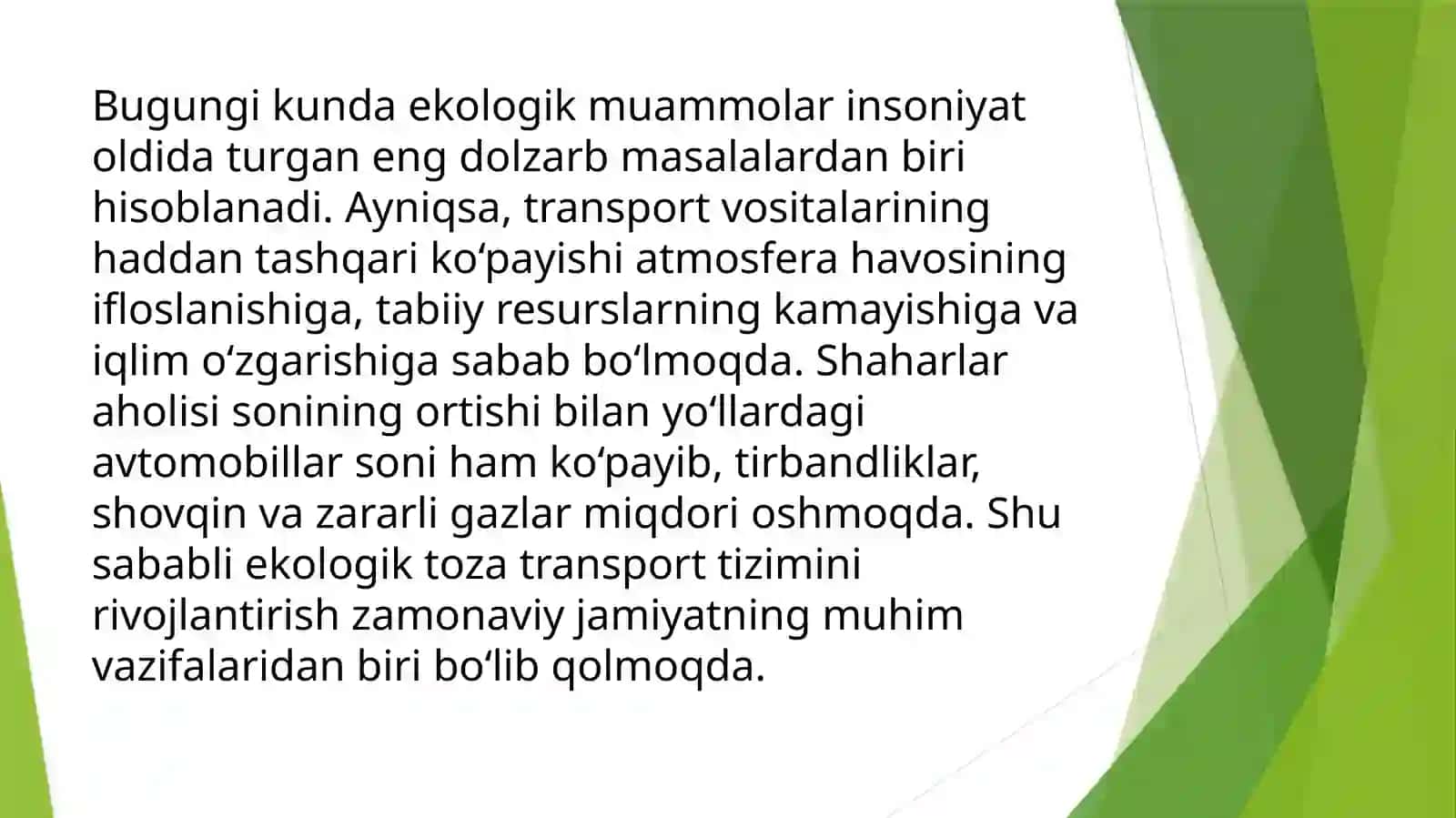Ekologik toza transport tizimini rivojlantirish 2