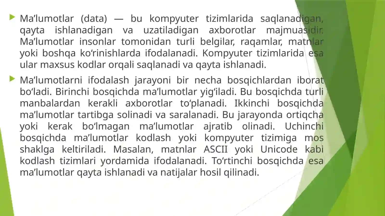 Malumotlar va ularni ifodalash bosqichlari Malumotlar tuzilmasi 2