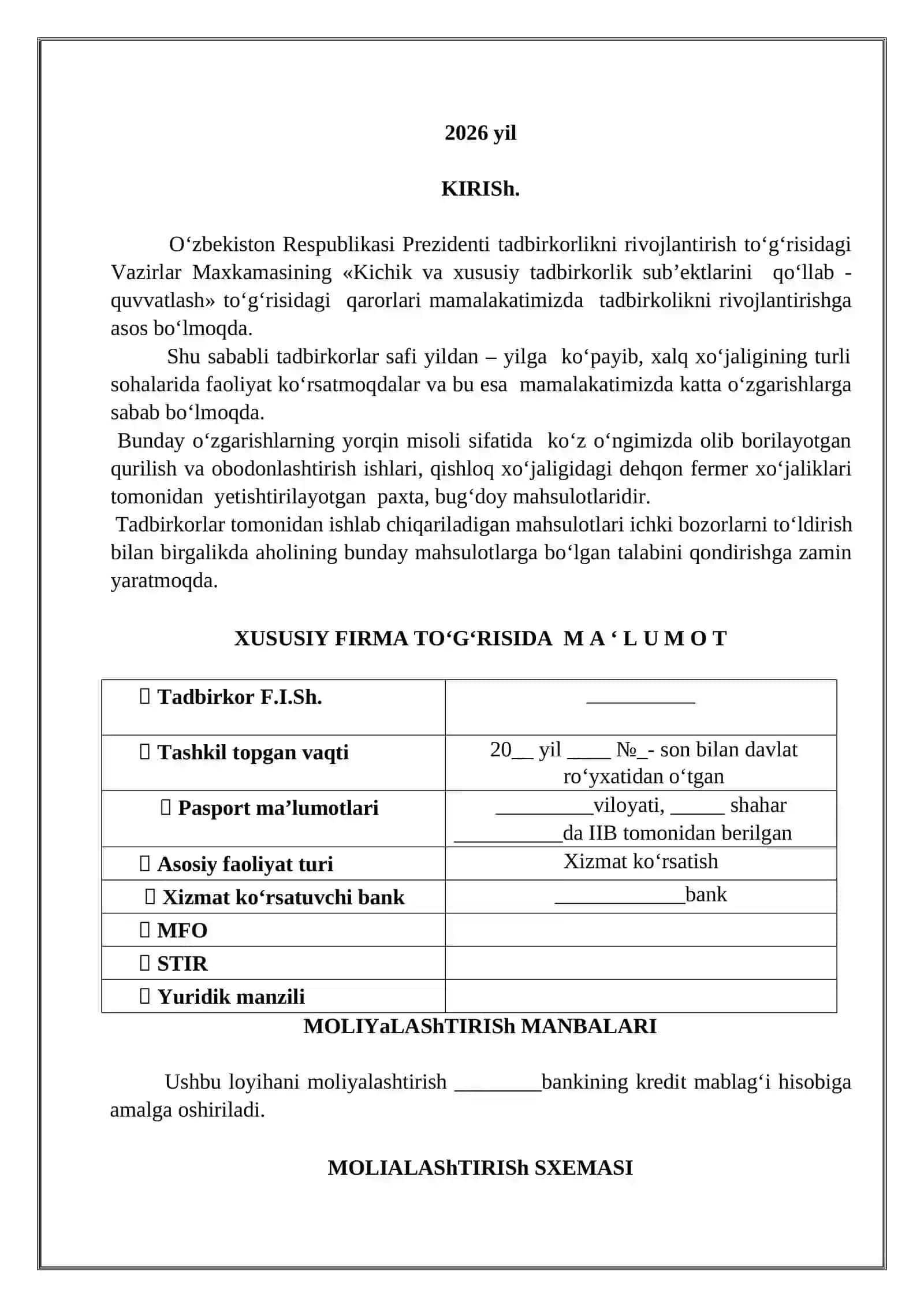 KUTUBXONA XIZMATINI TASHKIL QILISH BIZNES REJASI 2