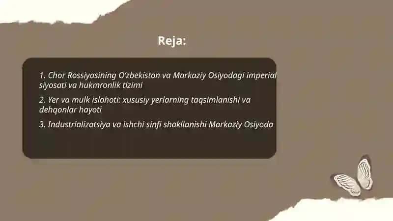 Chor Rossiyasi va sovet hukmronligi davrida ijtimoiy iqtidodiy, siyosiy va manaviy jarayonlar 2