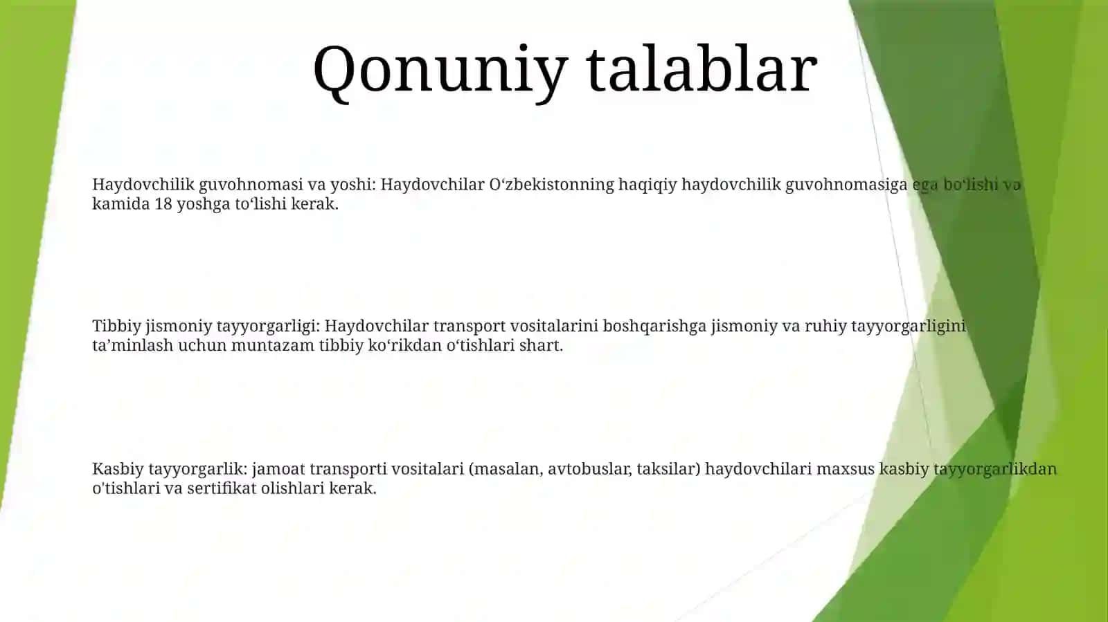 Avtotransport Vositalari Haydovchilariga Qo'Yiladigan Talablar 2