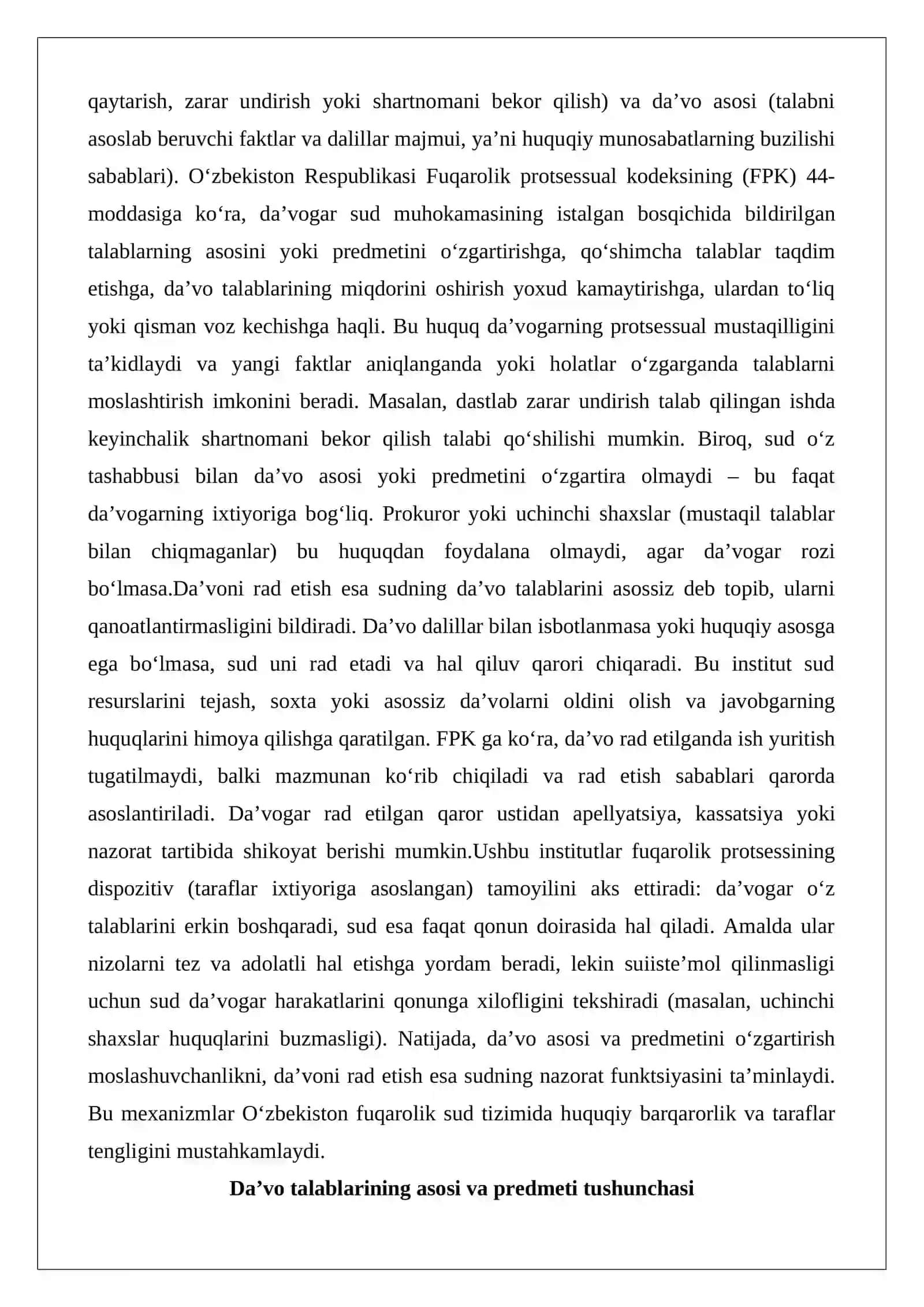 Da’vo talablarining asosini yoki predmetini o‘zgartirish, da’voni rad etish 2