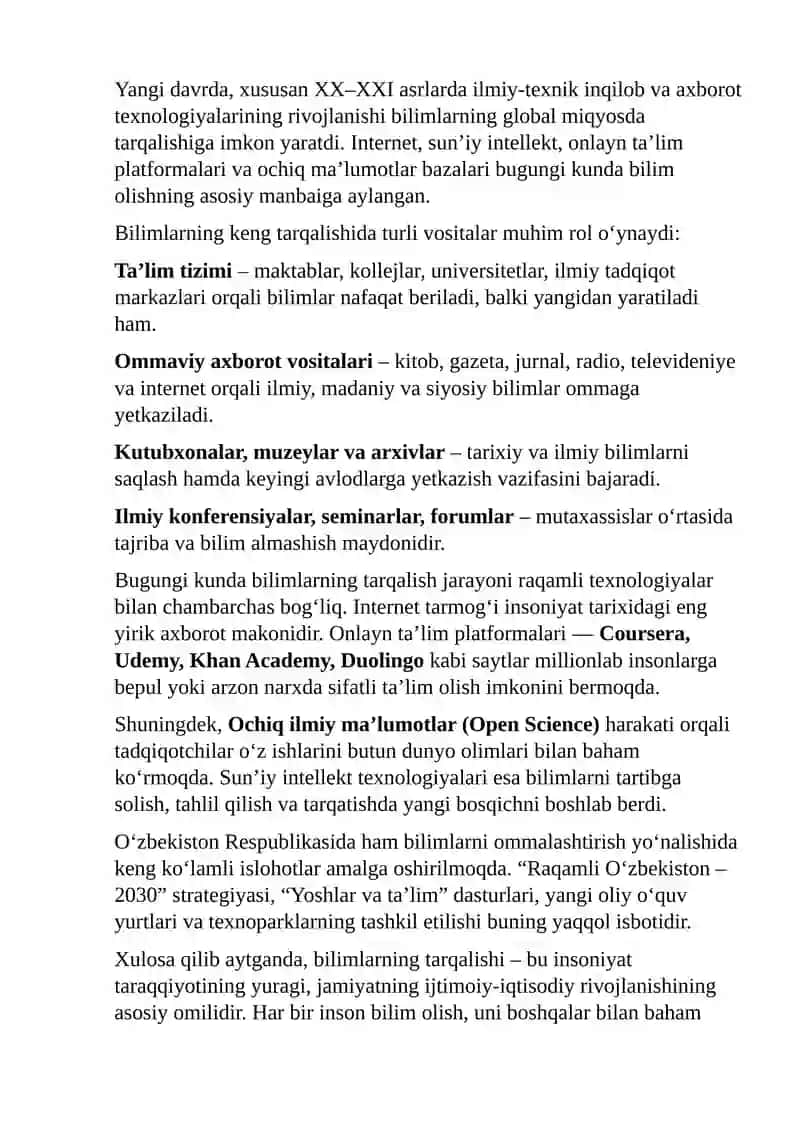 Bilimlarning tarqalishi va uning jamiyat rivojlanishidagi o‘rni esse 2