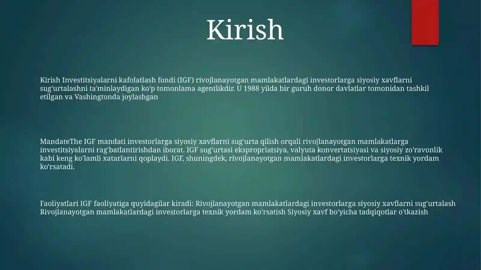 Investitsiyalarni Kafolatlash BoʻYicha KoʻP Tarmoqli Agentlik 2