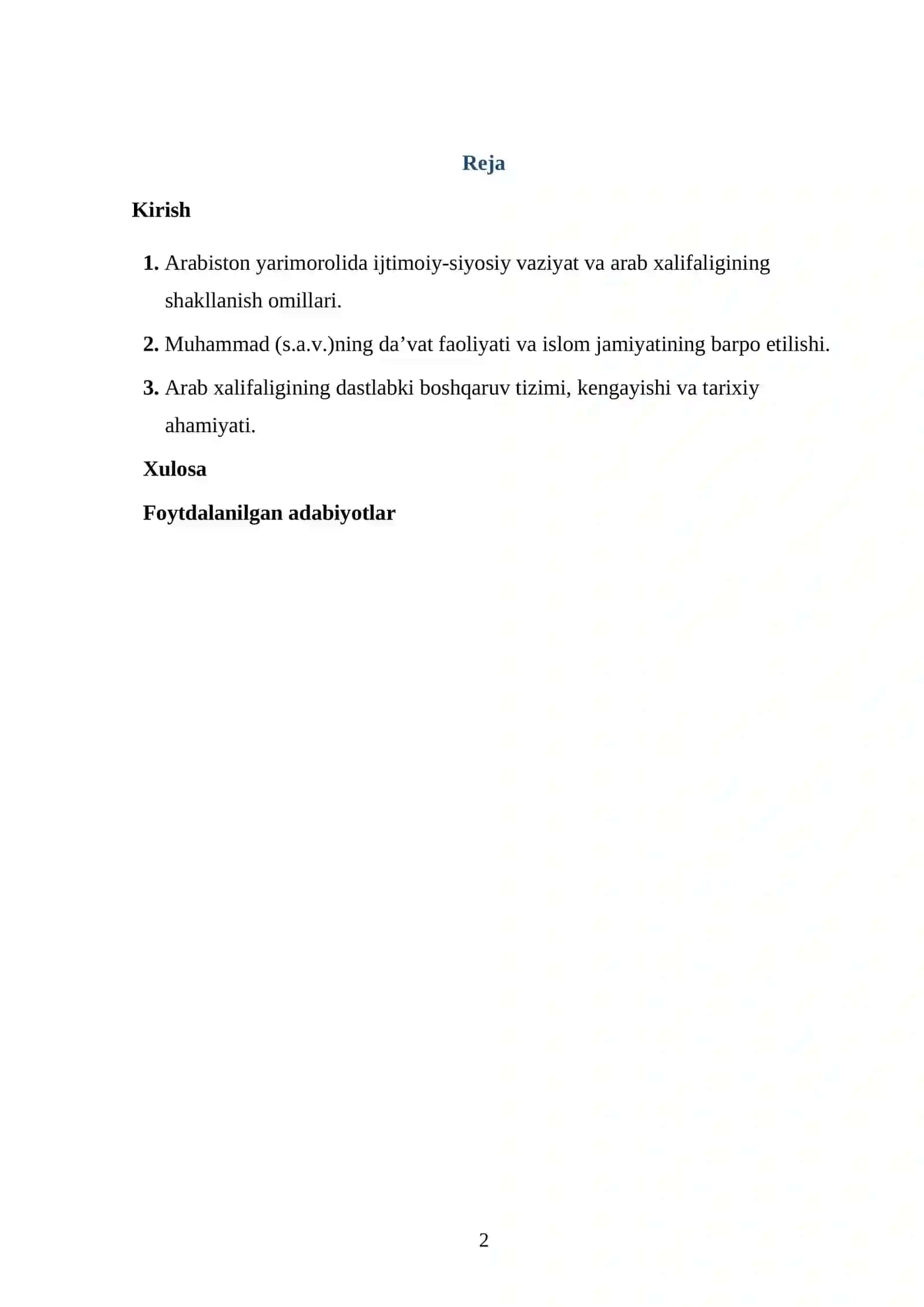 Arab xalifaligining tashkil topishi va Muhammad (s.a.v.)ning faoliyati REFERAT 2
