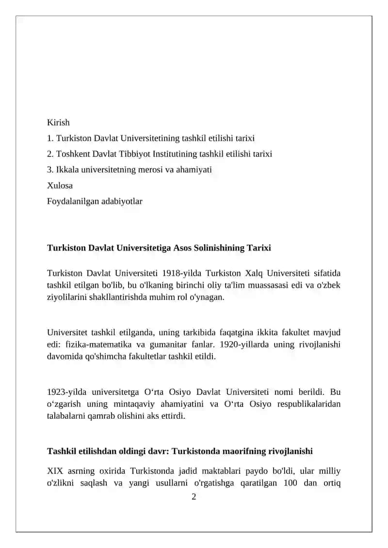 Turkiston davlat universititeti va Toshkent davlat tibbiyot instituti tashkil etilishi tarixi 2