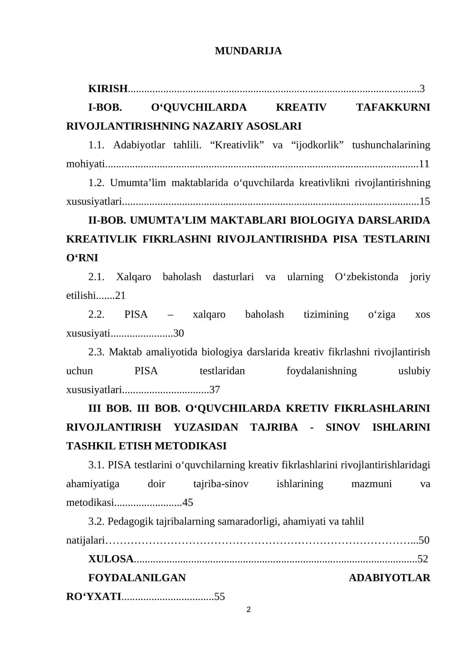 "О‘QUVCHILARNI KREATIVLIGINI RIVОJLANTIRISHDA РISA TESTLARINING О‘RNI" BITIRUV MALAKAVIY ISHI 2