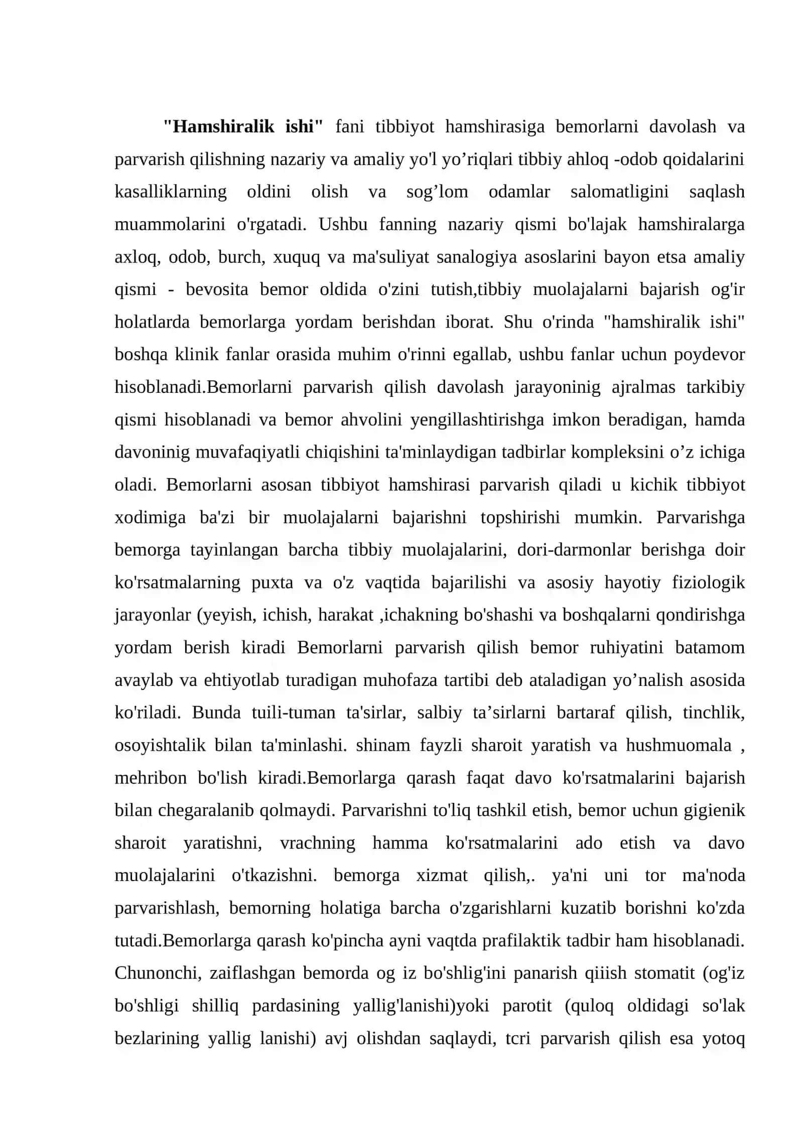 Bemorlarni parvarish qilishning ahamiyati. Tibbiyot hamshirasining vazifalari 2