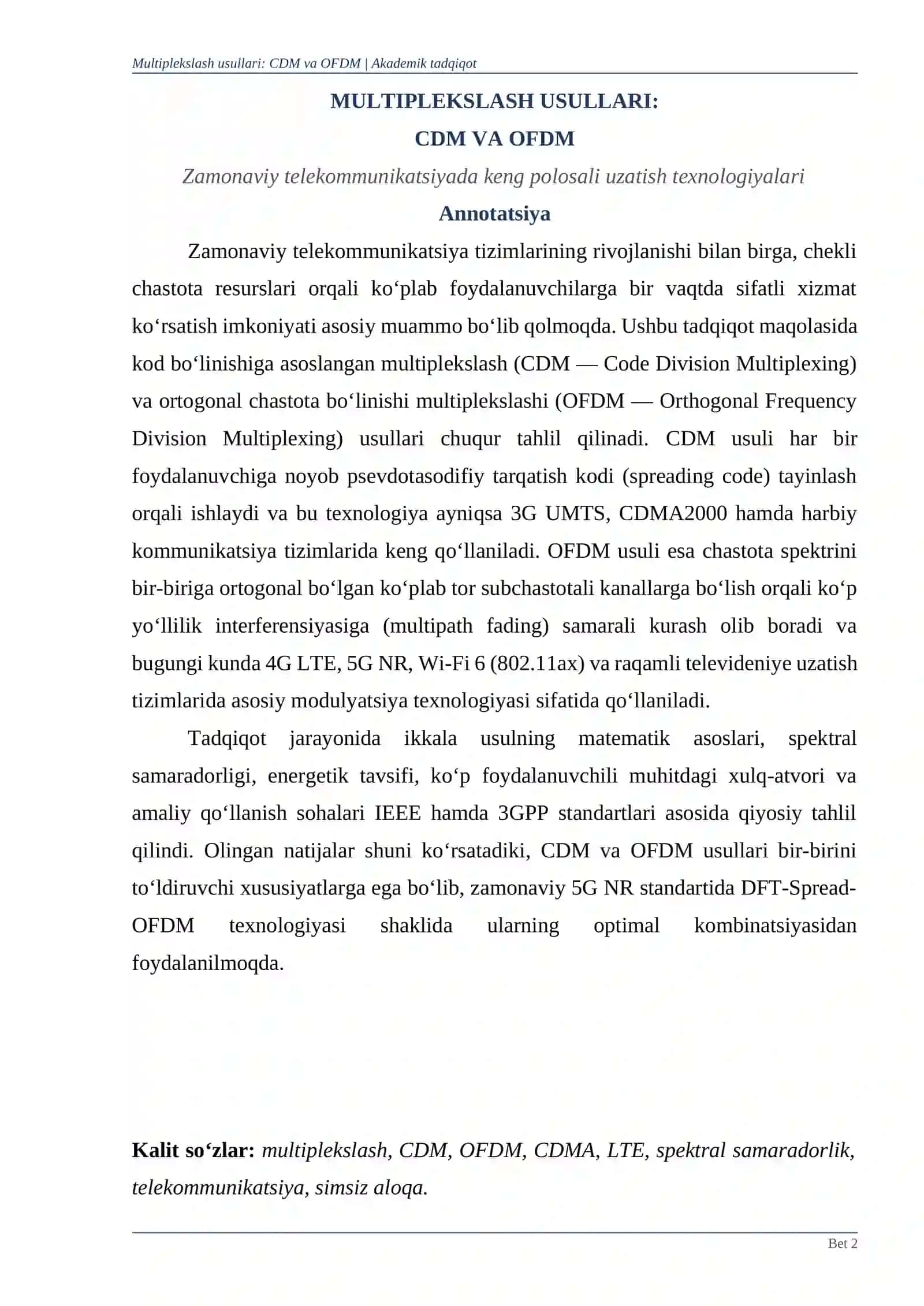 MULTIPLEKSLASH USULLARI: CDM VA OFDM 2
