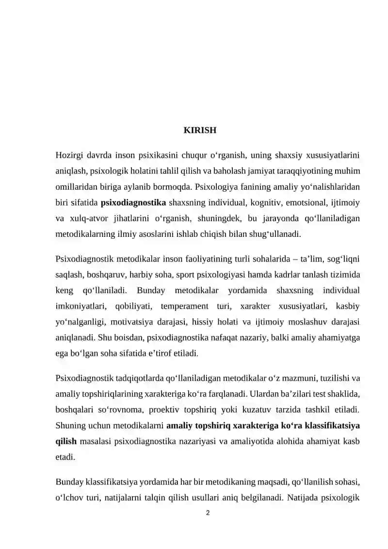 AMALIY TOPSHIRIQ XARAKTERIGA KO’RA PSIXODIAGNOSTIK METODIKALAR KLASSIFIKATSIYASI 2