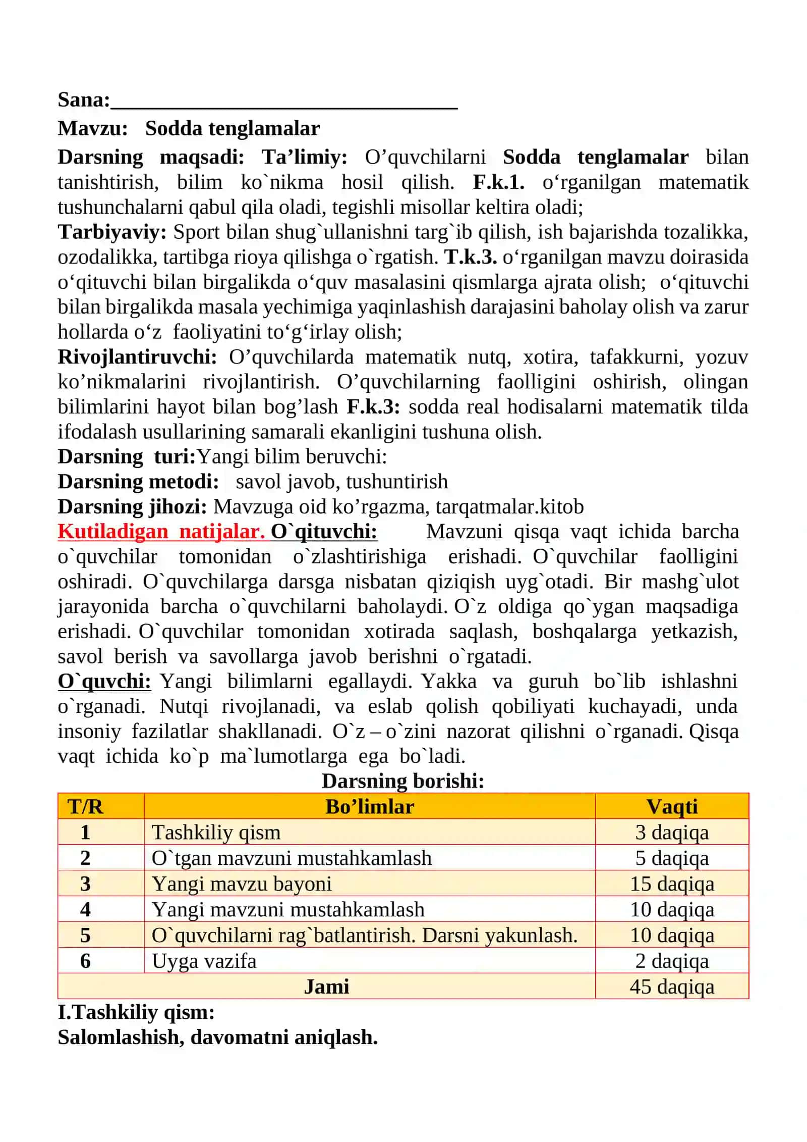 Sodda tenglamalar mavzusida 3-sinf Matematika fanidan dars ishlanmasi 2
