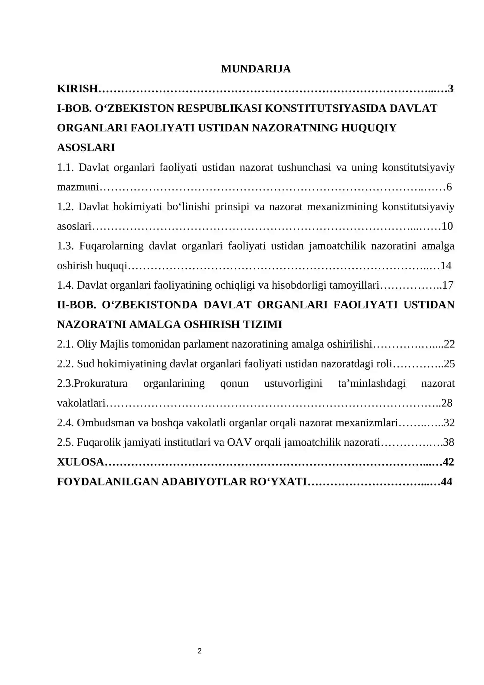 Konstitutsiyada davlat organlari faoliyati ustidan nazorat kurs ishi 2