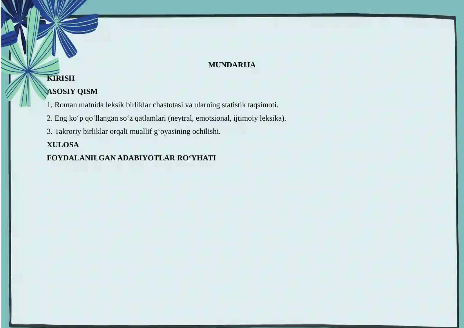 “Tushda Kechgan Umirlar” romanining (O‘tkir Hoshimov)  lingvostatistik tahlili 2