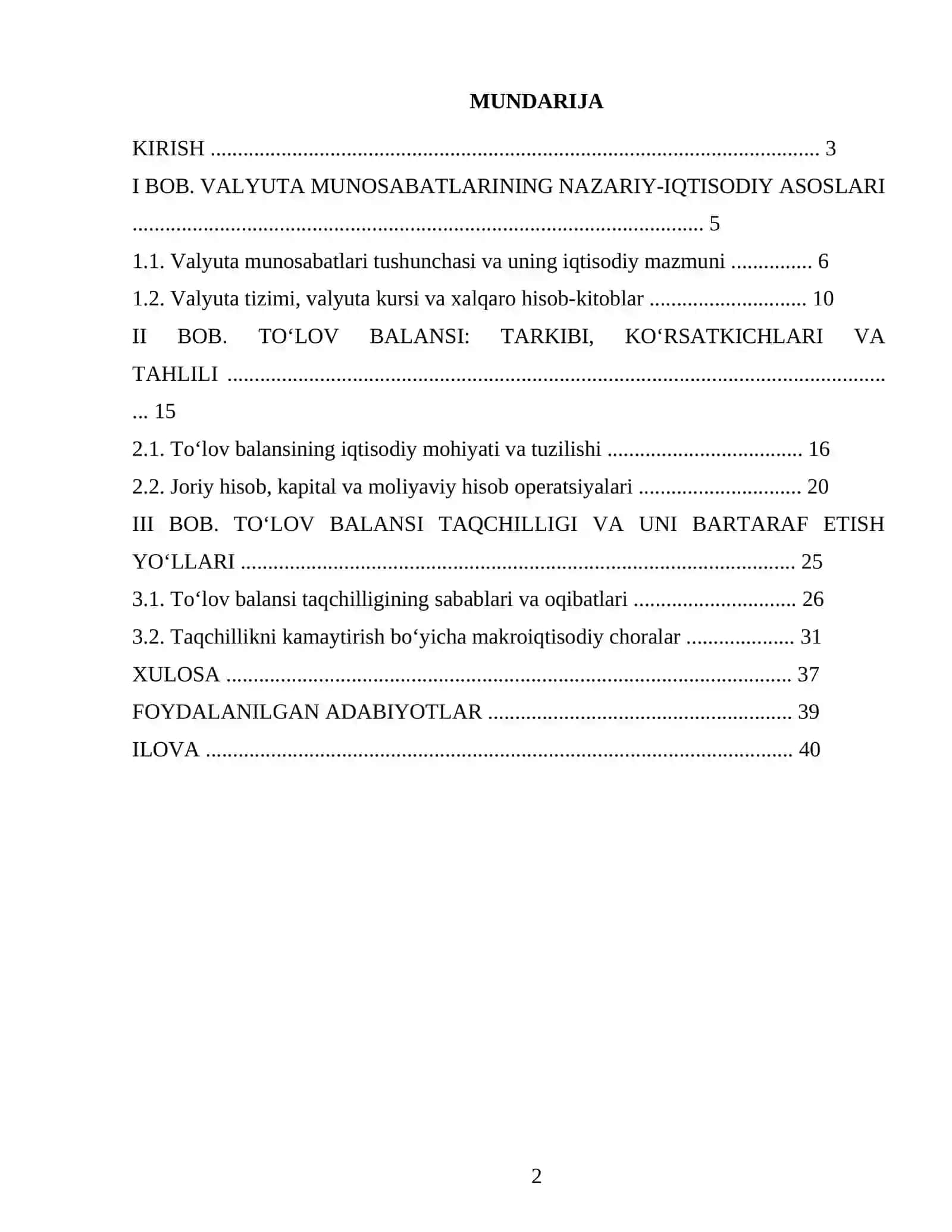VALYUTA MUNOSABATLARI, TO‘LOV BALANSI VA UNING TAQCHILLIGI 2