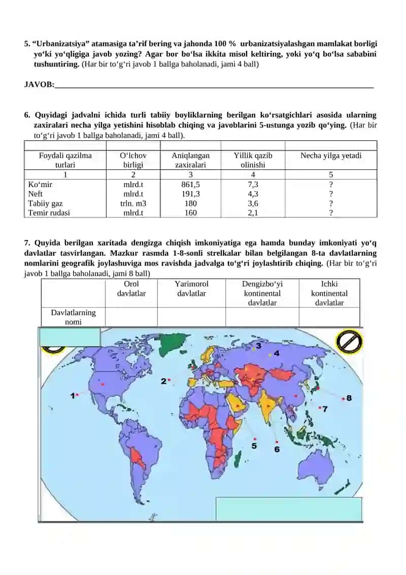 10-sinf Geografiya 1-Bo‘lim summativ baholash nazorat ishi 2