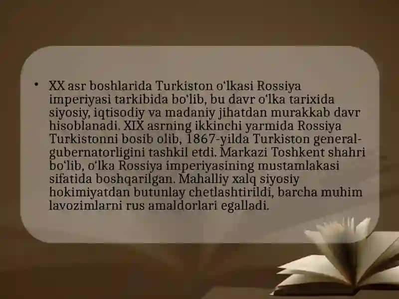 XX asr Turkistonida Rossiya imperiyasining mustamlakachilik siyosati 2