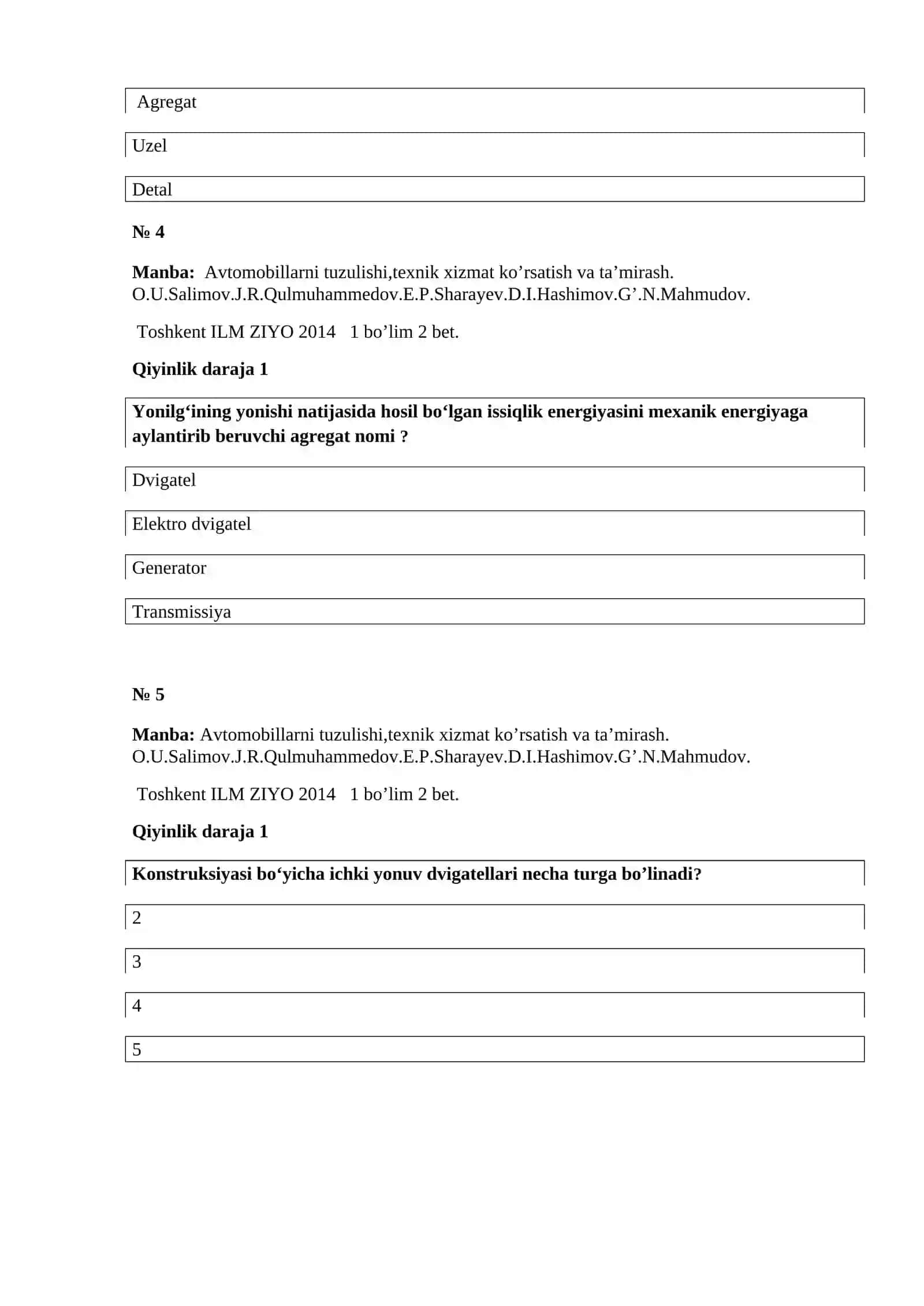 Avtomobillarni ta’mirlash chilangari fanidan testlar 2