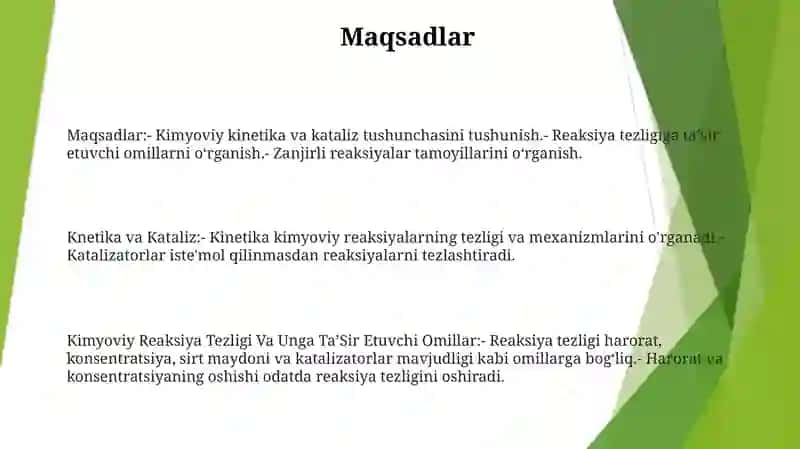 Knetika Va Kataliz. Kimyoviy Reaksiya Tezligi Va Unga TaʼSir Etuvchi Omillar. Zanjirli Reaksiyalar 2