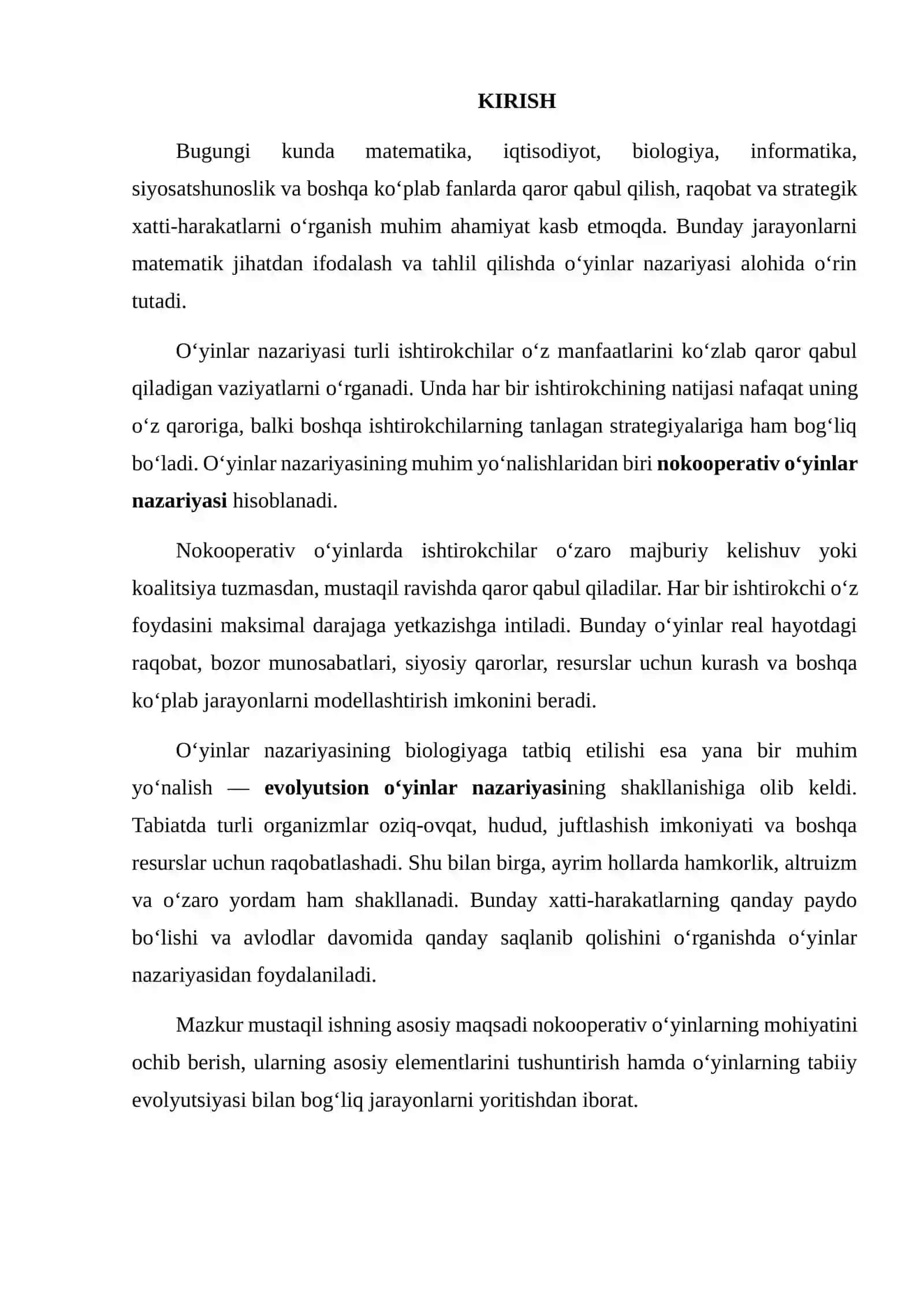 Nokooperativ o‘yinlar. O‘yinlarning tabiiy evolyutsiyasi 2