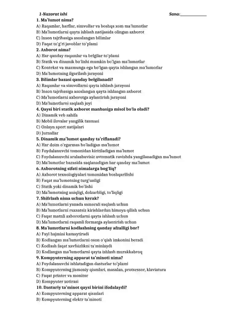 10-sinf informatika yillik test 2
