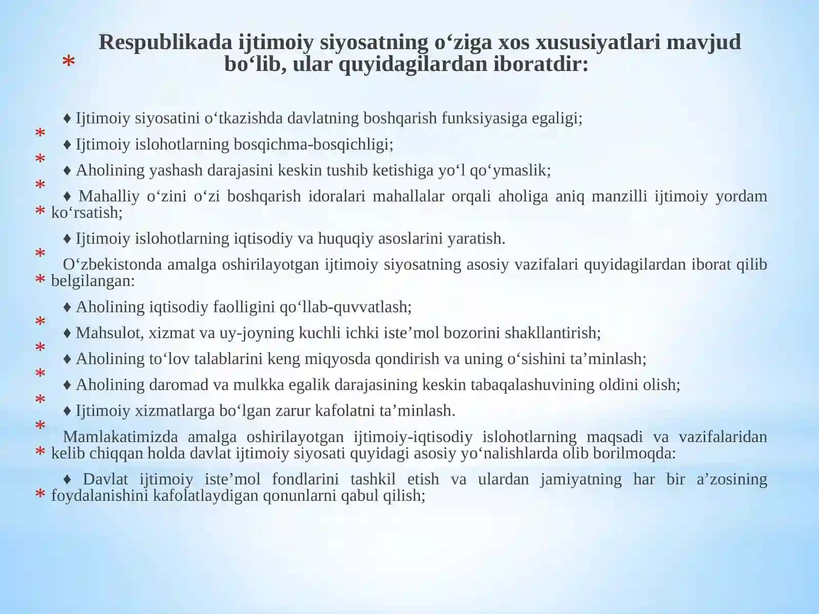 7-MAVZU: O‘ZBEKISTON RESPUBLIKASIDA IJTIMOIY SOHADAGI ISLOHOTLAR 2
