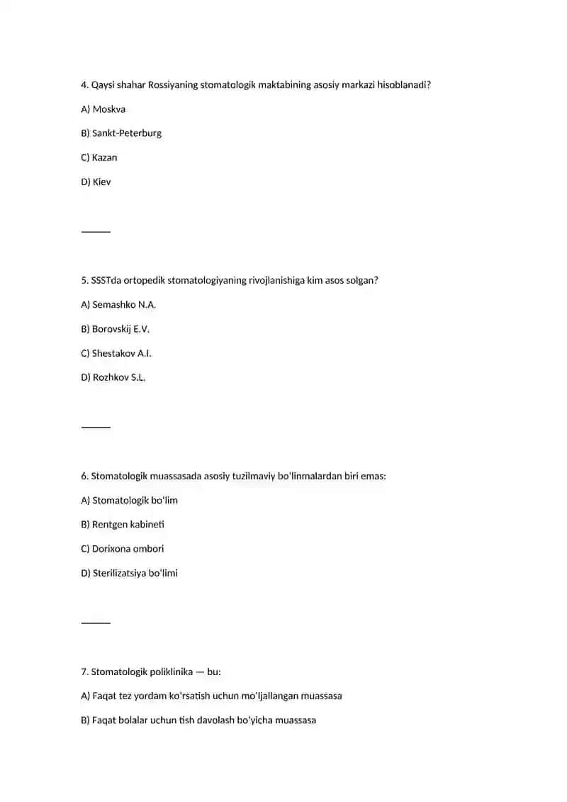 Stomatologiyaga kirish. Stomatologiya rivojlanishining asosiy bosqichlari. Mahally stomatologiya va asosiy maktablarning rivojlanish bosgichlari test 2