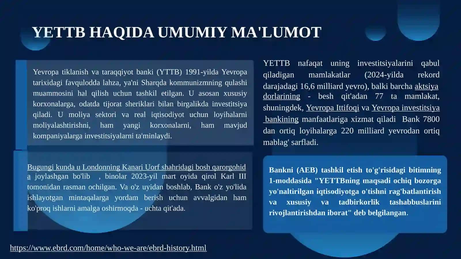 YEVROPA TIKLANISH VA TARAQQIYOT BANKI,UNING ASOSIY FUNKSIYALARI VA VAZIFALARI 2