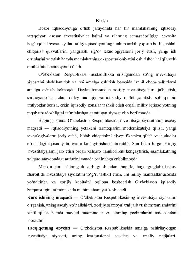 O‘zbekiston Respublikasi investitsiya siyosati 2