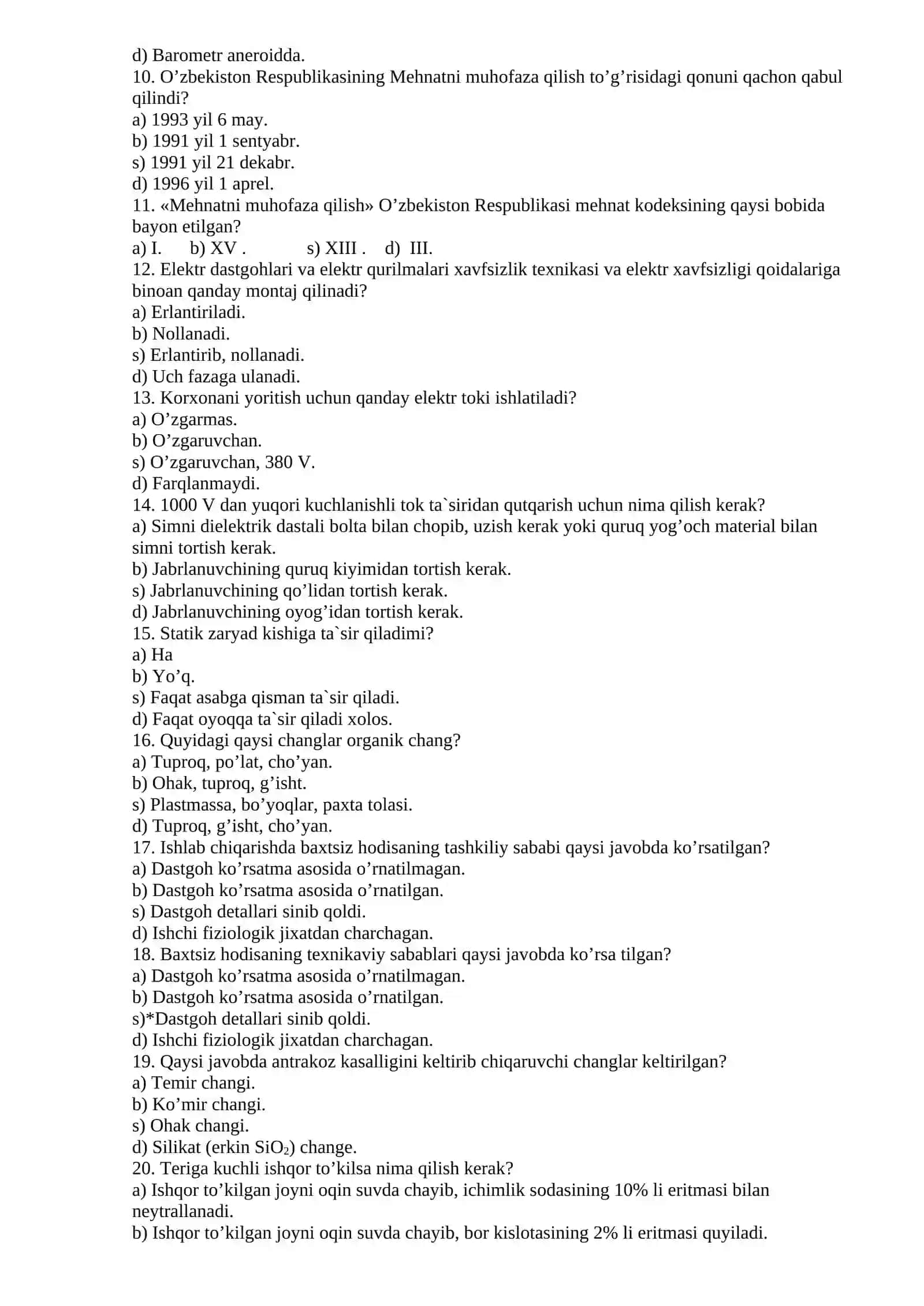 Mehnat muhofazasi va xavfsizlik texnikasi fanidan Yakuniy nazorat savollari 2