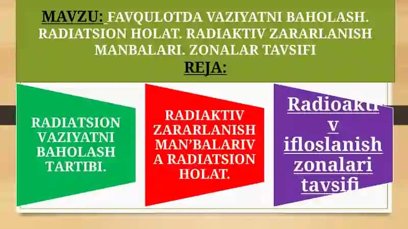 FAVQULOTDA VAZIYATNI BAHOLASH. RADIATSION HOLAT. RADIAKTIV ZARARLANISH MANBALARI. ZONALAR TAVSIFI 2
